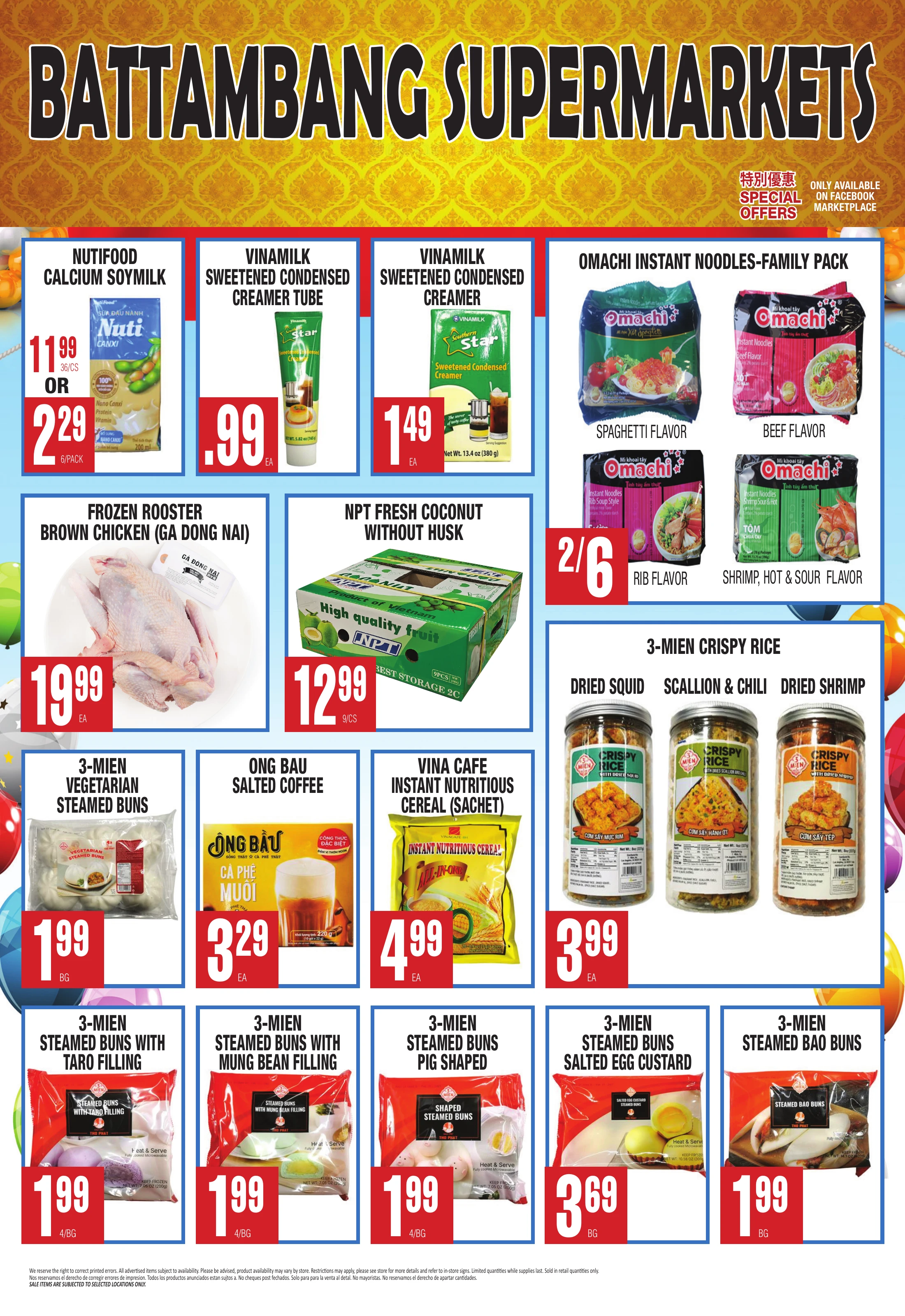 Battambang Supermarkets promotional flyer featuring groceries and prices. Special offers marked only available on Facebook Marketplace.